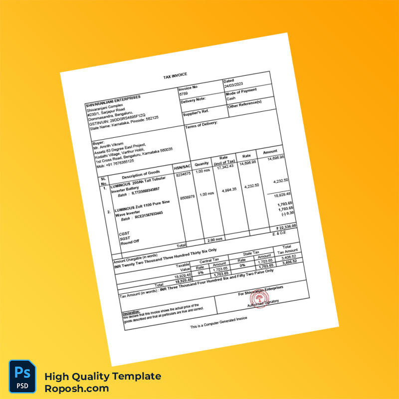 India Shivaranjani Enterprises Invoice Template in Word and PDF formats India Shivaranjani Enterprises Invoice Template in Word and PDF formats