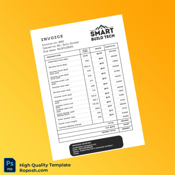 Technical Work Invoice India Smart Build Tech Invoice Template in Word and PDF formats | roposh