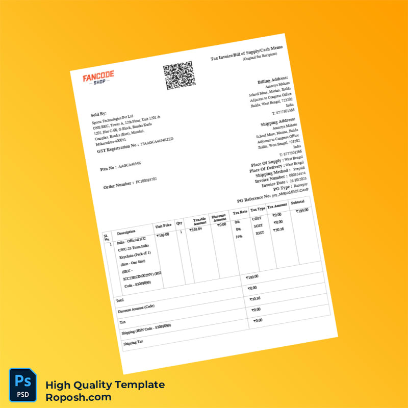 India Sporta Technologies Pvt Ltd Tax Invoice Template in Word and PDF formats 2 page India Sporta Technologies Pvt Ltd Tax Invoice Template in Word and PDF formats 2 page