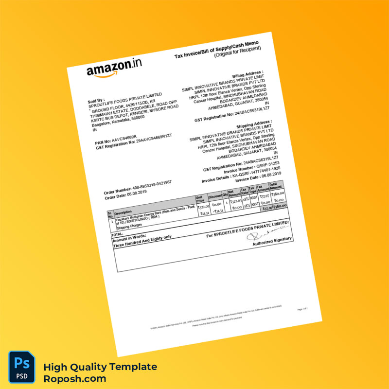 India Sproutlife Foods Private Limited Tax Invoice Template in Word and PDF formats India Sproutlife Foods Private Limited Tax Invoice Template in Word and PDF formats