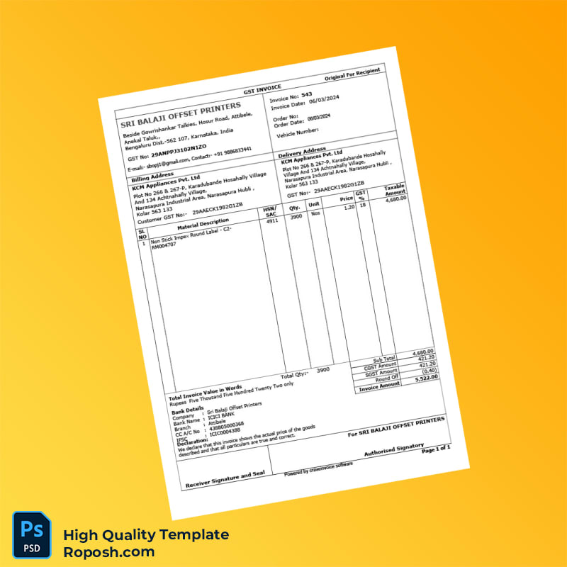India Sri Balaji Offset Printers Invoice Template in Word and PDF formats 3 page India Sri Balaji Offset Printers Invoice Template in Word and PDF formats 3 page