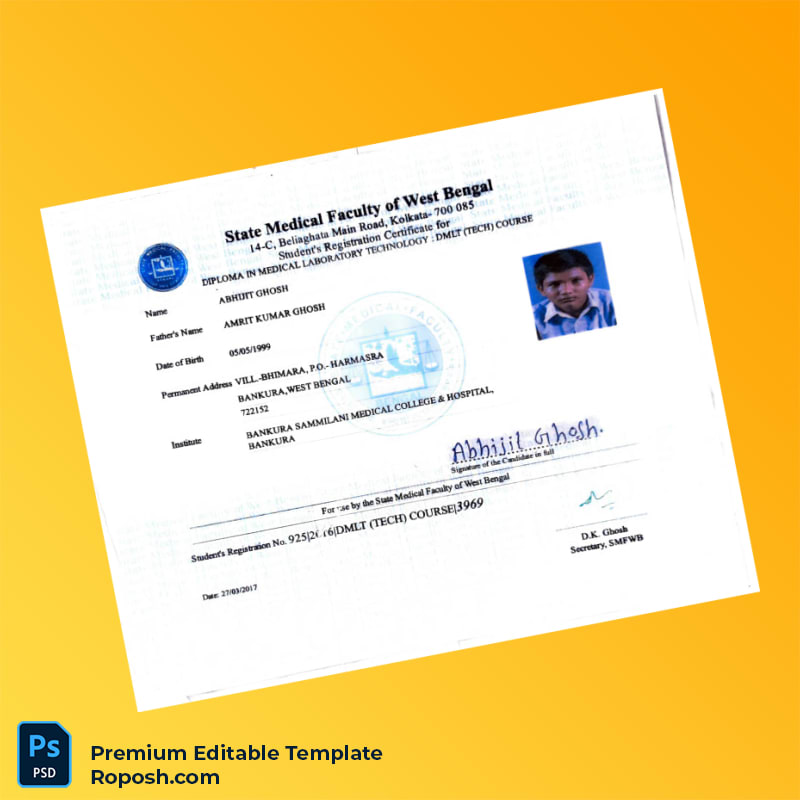 Customizable India State Medical Faculty of West Bengal Student Registration Certificate Editable Word & PDF Template Customizable India State Medical Faculty of West Bengal Student Registration Certificate Editable Word & PDF Template