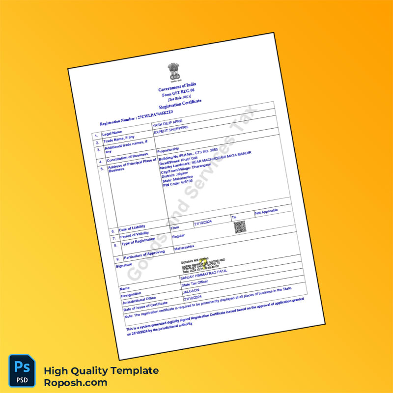 India State Tax Department GST Registration Certificate Template in Word and PDF formats India State Tax Department GST Registration Certificate Template in Word and PDF formats