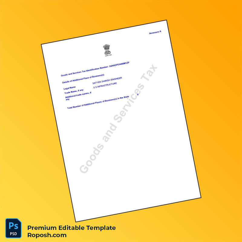 Customizable India State Tax Officer GST Registration Certificate Editable Word & PDF Template 3 page Customizable India State Tax Officer GST Registration Certificate Editable Word & PDF Template 3 page