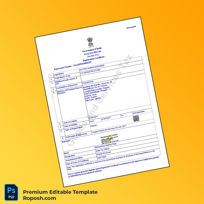 Customizable India State Tax Officer GST Registration Certificate Editable Word & PDF Template 3 page Customizable India State Tax Officer GST Registration Certificate Editable Word & PDF Template 3 page