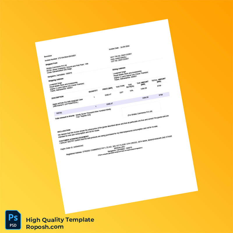 India Strides Commerce Pvt Ltd Invoice Template in Word and PDF formats India Strides Commerce Pvt Ltd Invoice Template in Word and PDF formats
