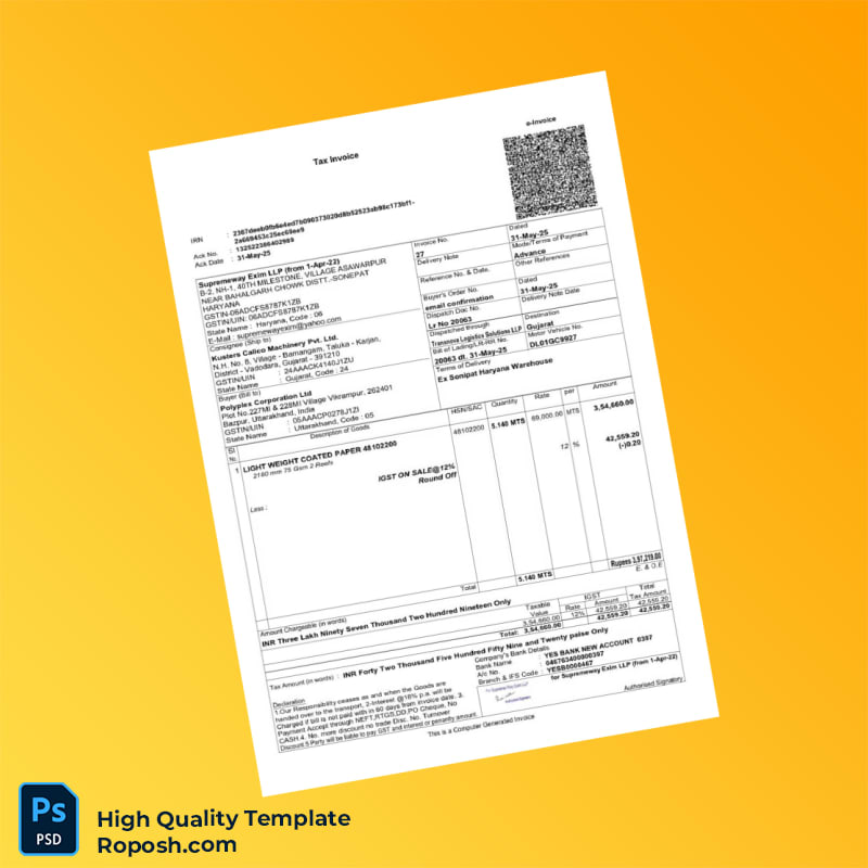India Supremeway Exim LLP Tax Invoice Template in Word and PDF formats India Supremeway Exim LLP Tax Invoice Template in Word and PDF formats