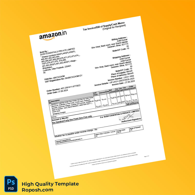 India Sush Essentials Private Limited Tax Invoice Template in Word and PDF formats India Sush Essentials Private Limited Tax Invoice Template in Word and PDF formats