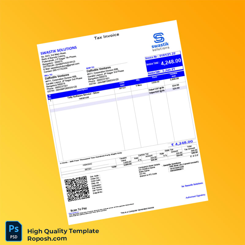 India Swastik Solutions Invoice Template in Word and PDF formats India Swastik Solutions Invoice Template in Word and PDF formats