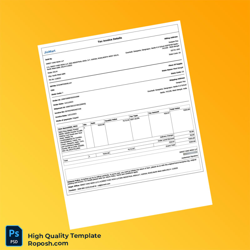 India Sweet King India LLP Invoice Template in Word and PDF formats India Sweet King India LLP Invoice Template in Word and PDF formats