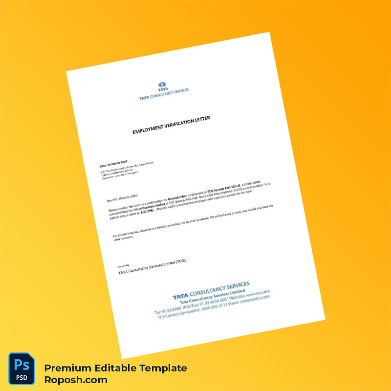 Customizable India TATA Consultancy Services Employment Verification Letter Word & PDF Template Customizable India TATA Consultancy Services Employment Verification Letter Word & PDF Template