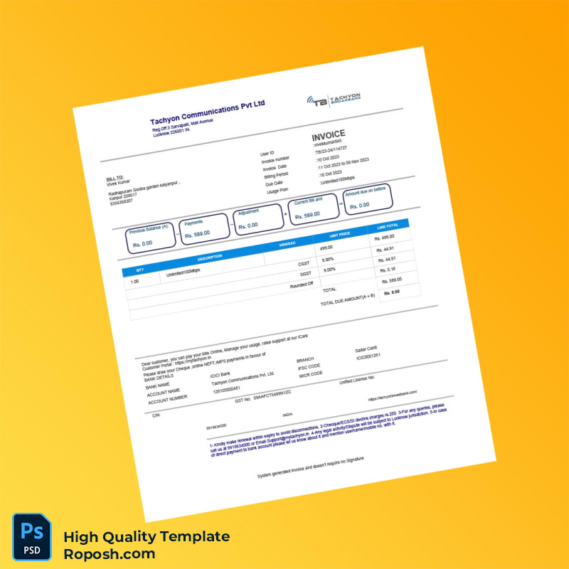 India Tachyon Communications Pvt Ltd Invoice Template in Word and PDF formats India Tachyon Communications Pvt Ltd Invoice Template in Word and PDF formats