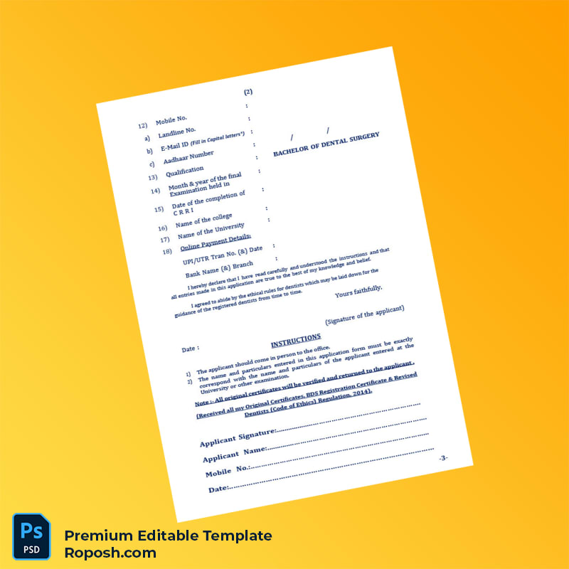 Customizable India Tamil Nadu Dental Council BDS Registration Form Editable Word & PDF Template 5 page Customizable India Tamil Nadu Dental Council BDS Registration Form Editable Word & PDF Template 5 page