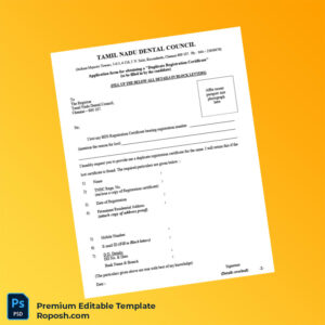 India Tamil Nadu Dental Council Duplicate Registration Certificate Editable Word & PDF Template 2 page