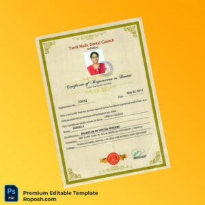 Customizable India Tamil Nadu Dental Council Registration Certificate Editable Word & PDF Template