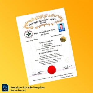 Customizable India Tamil Nadu Pharmacy Council Pharmacist Registration Certificate Editable Word & PDF Template