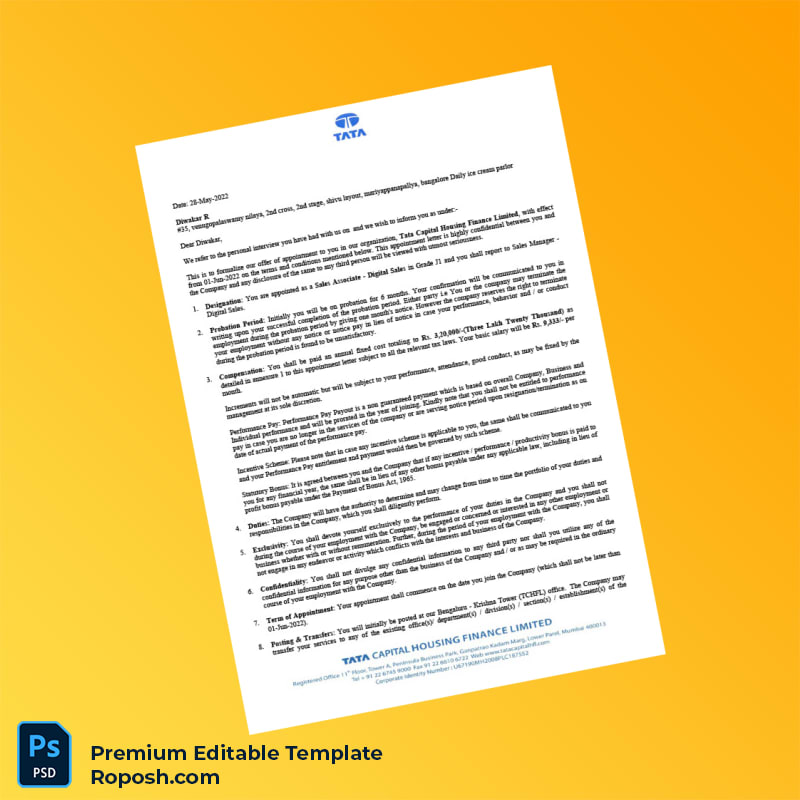 Customizable India Tata Capital Housing Finance Employment Verification Letter Word & PDF Template 4 page Customizable India Tata Capital Housing Finance Employment Verification Letter Word & PDF Template 4 page