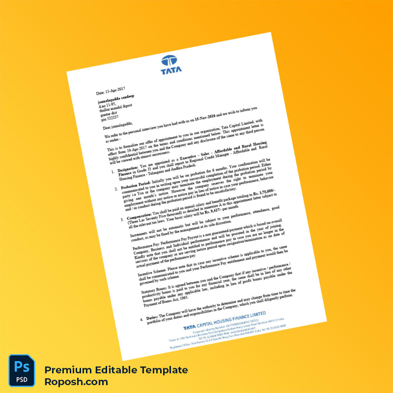 Customizable India Tata Capital Limited Employment Verification Letter Word & PDF Template 5 page Customizable India Tata Capital Limited Employment Verification Letter Word & PDF Template 5 page