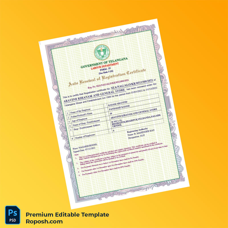 Customizable India Telangana Labour Department Auto Renewal of Registration Certificate Editable Word & PDF Template Customizable India Telangana Labour Department Auto Renewal of Registration Certificate Editable Word & PDF Template