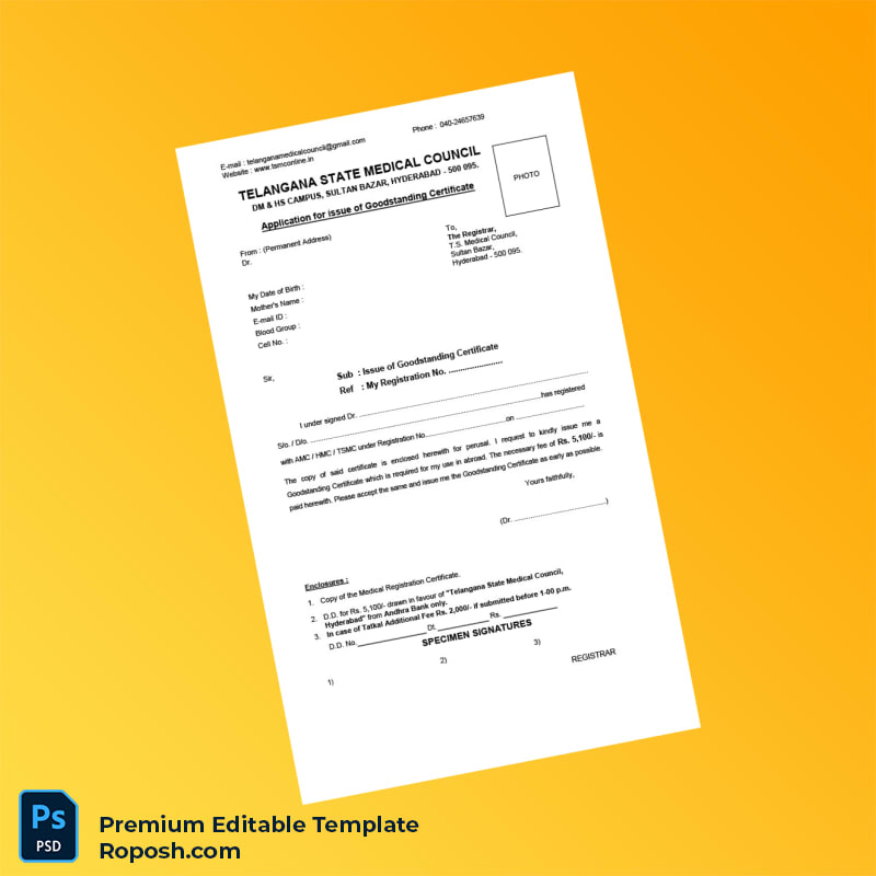 Customizable India Telangana State Medical Council Good Standing Certificate Application Editable Word & PDF Template Customizable India Telangana State Medical Council Good Standing Certificate Application Editable Word & PDF Template