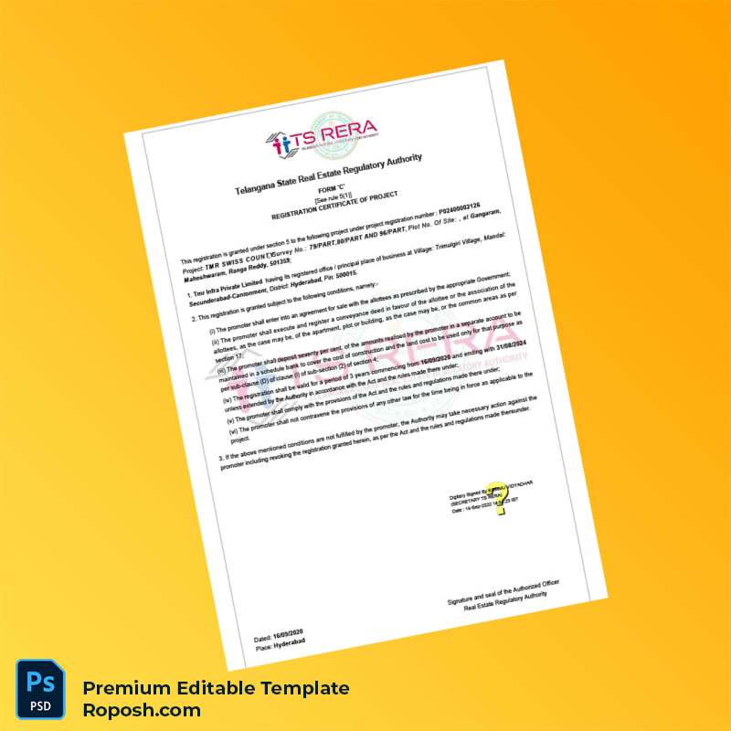 Customizable India Telangana State Real Estate Regulatory Authority Registration Certificate Editable Word & PDF Template 2 page Customizable India Telangana State Real Estate Regulatory Authority Registration Certificate Editable Word & PDF Template 2 page