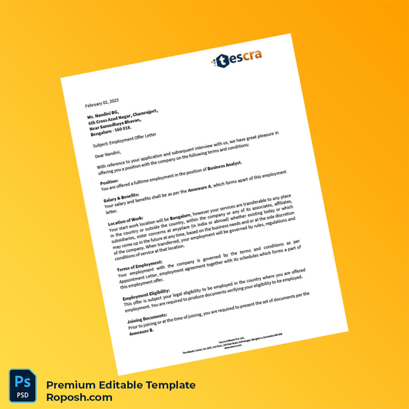 Customizable India Tescra Employment Verification Letter Word & PDF Template 4 page Customizable India Tescra Employment Verification Letter Word & PDF Template 4 page