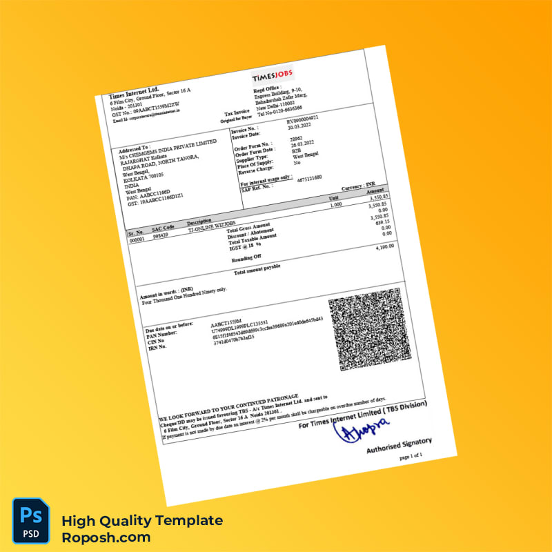 India Times Internet Invoice Template in Word and PDF formats India Times Internet Invoice Template in Word and PDF formats