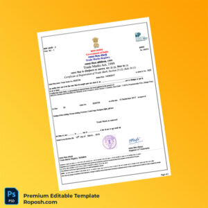 India Trade Marks Registry Trademark Registration Certificate Editable Word & PDF Template 2 page