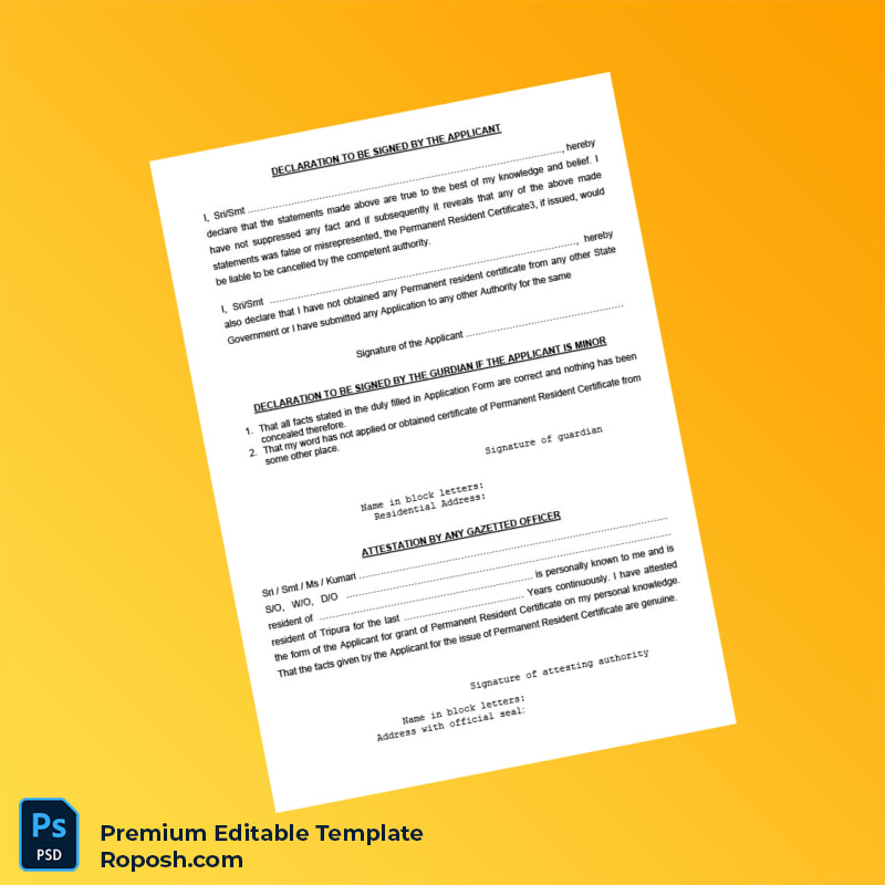 Customizable India Tripura Application for Permanent Resident Certificate Editable Word & PDF Template 3 page Customizable India Tripura Application for Permanent Resident Certificate Editable Word & PDF Template 3 page
