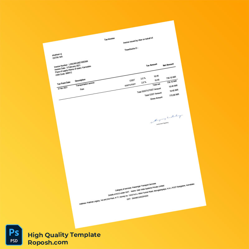India Uber Invoice Template in Word and PDF formats India Uber Invoice Template in Word and PDF formats