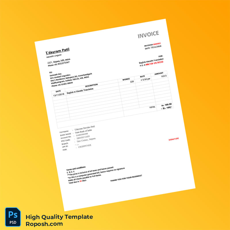 India Udayram Patil Invoice Template in Word and PDF formats India Udayram Patil Invoice Template in Word and PDF formats
