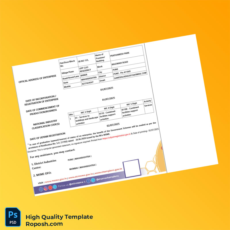 India Udyam Registration Authority Business Registration Certificate Template in Word and PDF formats 6 page India Udyam Registration Authority Business Registration Certificate Template in Word and PDF formats 6 page