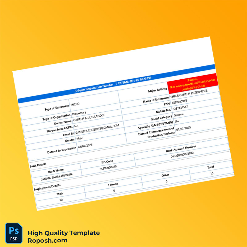 India Udyam Registration Authority Business Registration Certificate Template in Word and PDF formats 6 page India Udyam Registration Authority Business Registration Certificate Template in Word and PDF formats 6 page