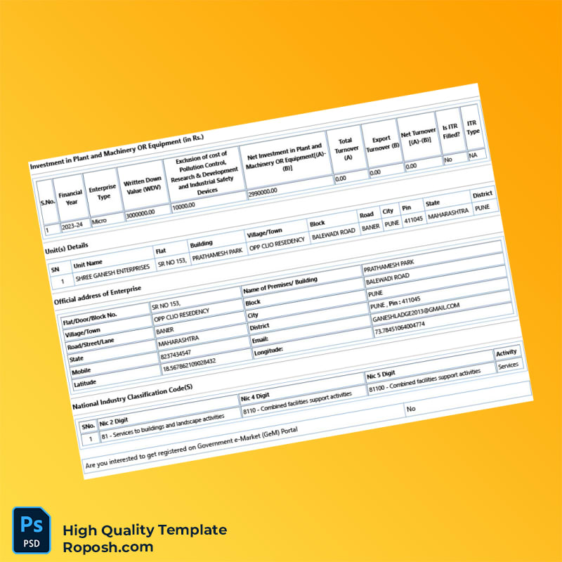 India Udyam Registration Authority Business Registration Certificate Template in Word and PDF formats 6 page India Udyam Registration Authority Business Registration Certificate Template in Word and PDF formats 6 page