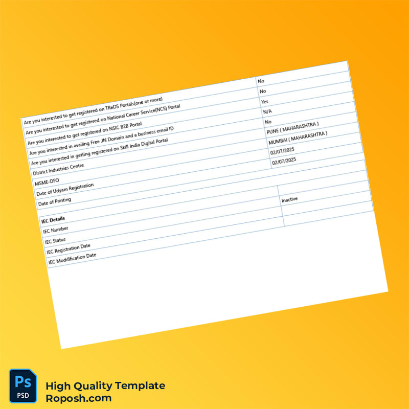 India Udyam Registration Authority Business Registration Certificate Template in Word and PDF formats 6 page India Udyam Registration Authority Business Registration Certificate Template in Word and PDF formats 6 page