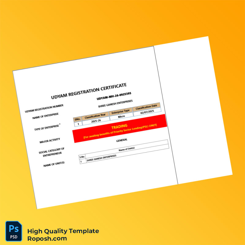 India Udyam Registration Authority Business Registration Certificate Template in Word and PDF formats 6 page India Udyam Registration Authority Business Registration Certificate Template in Word and PDF formats 6 page