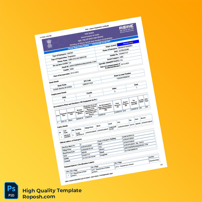 India Udyam Registration Certificate Template in Word and PDF formats 3 page India Udyam Registration Certificate Template in Word and PDF formats 3 page