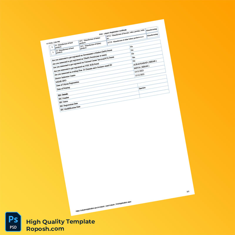 India Udyam Registration Certificate Template in Word and PDF formats 3 page India Udyam Registration Certificate Template in Word and PDF formats 3 page