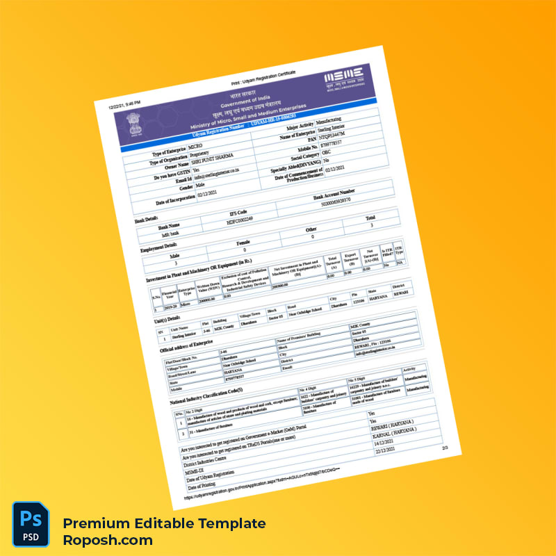 Customizable India Udyam Registration MSME Certificate Editable Word & PDF Template 3 page Customizable India Udyam Registration MSME Certificate Editable Word & PDF Template 3 page