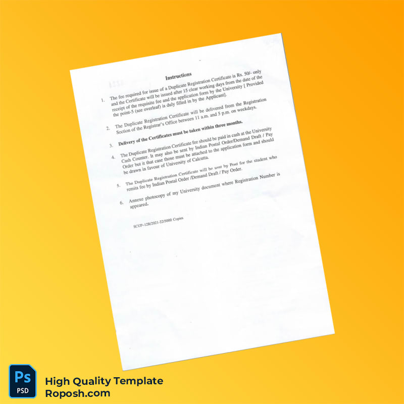 India University of Calcutta Editable Duplicate Registration Certificate Template in Word and PDF formats 2 page India University of Calcutta Editable Duplicate Registration Certificate Template in Word and PDF formats 2 page