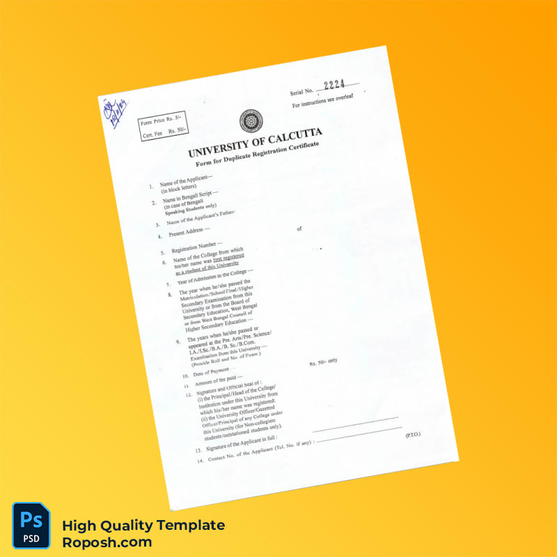 India University of Calcutta Editable Duplicate Registration Certificate Template in Word and PDF formats 2 page India University of Calcutta Editable Duplicate Registration Certificate Template in Word and PDF formats 2 page