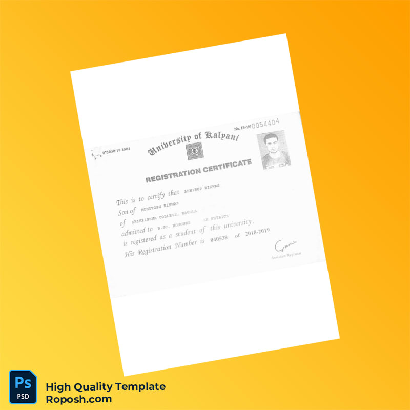 India University of Kalyani Registration Certificate Template in Word and PDF formats India University of Kalyani Registration Certificate Template in Word and PDF formats