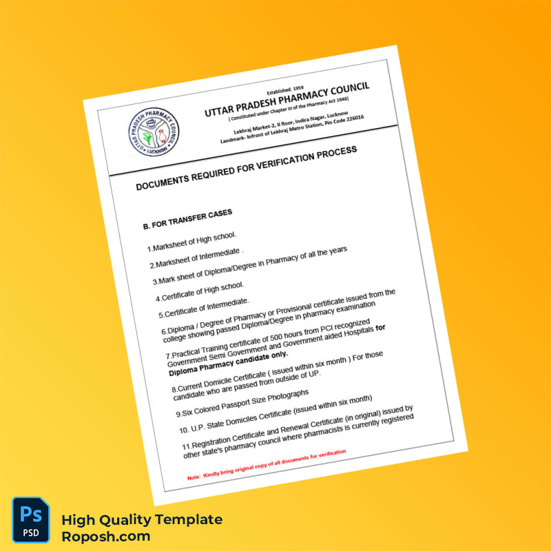 India Uttar Pradesh Pharmacy Council Document Required New Registration Template in Word and PDF formats 3 page India Uttar Pradesh Pharmacy Council Document Required New Registration Template in Word and PDF formats 3 page