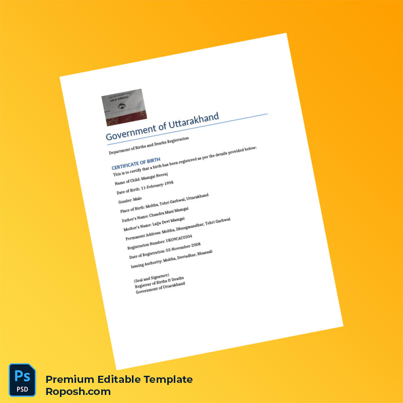 Customizable India Uttarakhand Birth Certificate Editable Word & PDF Template Customizable India Uttarakhand Birth Certificate Editable Word & PDF Template