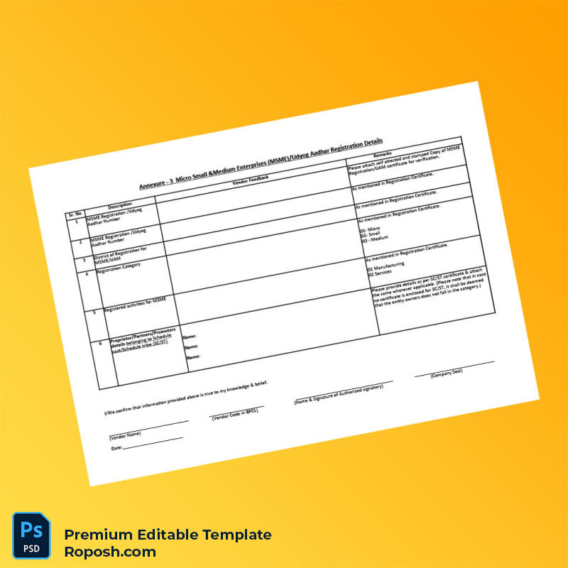 Customizable India Vendor Organisation and Tax Registration Details Editable Word & PDF Template 3 page Customizable India Vendor Organisation and Tax Registration Details Editable Word & PDF Template 3 page