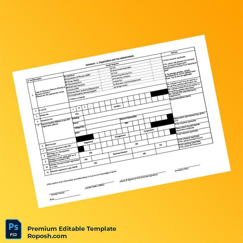 Customizable India Vendor Organisation and Tax Registration Details Editable Word & PDF Template 3 page Customizable India Vendor Organisation and Tax Registration Details Editable Word & PDF Template 3 page