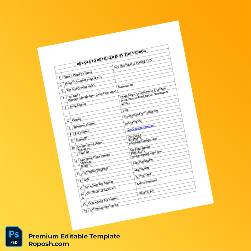 Customizable India Vendor Registration Form Editable Word & PDF Template 3 page Customizable India Vendor Registration Form Editable Word & PDF Template 3 page