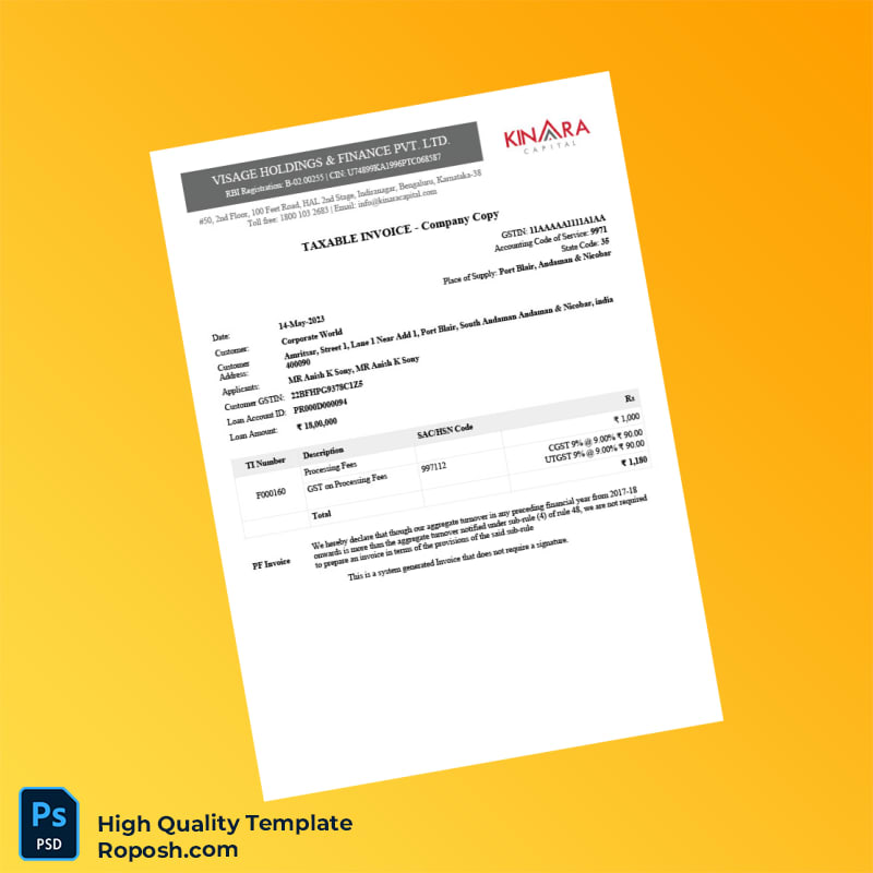 India Visage Holdings Finance Pvt Ltd Tax Invoice Template in Word and PDF formats 2 page India Visage Holdings Finance Pvt Ltd Tax Invoice Template in Word and PDF formats 2 page