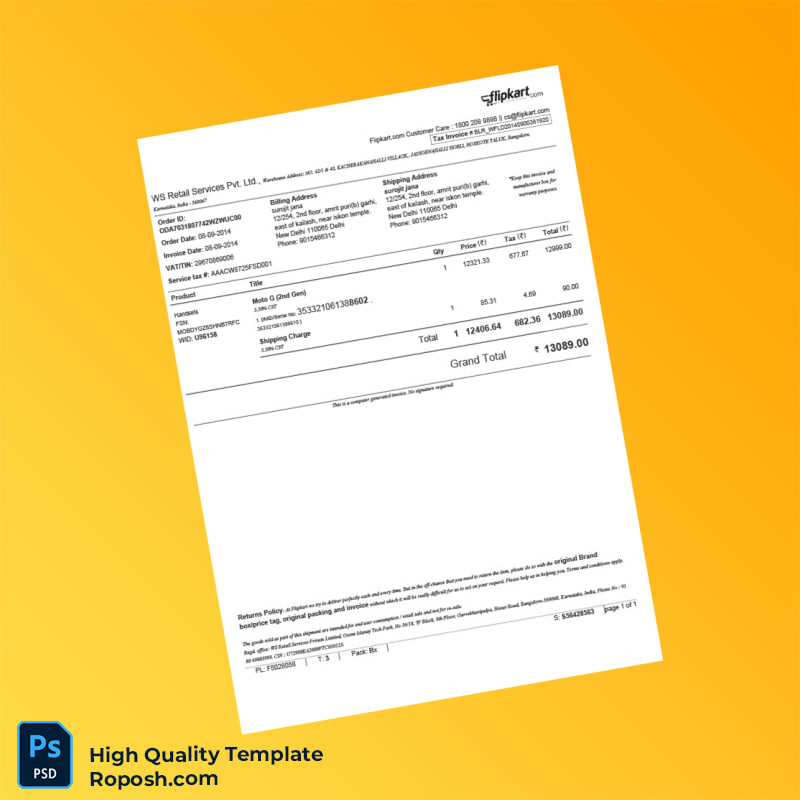 India WS Retail Services Pvt LTD Tax Invoice Template in Word and PDF formats India WS Retail Services Pvt LTD Tax Invoice Template in Word and PDF formats