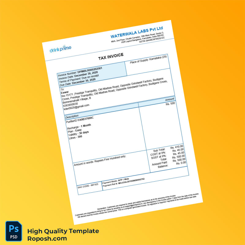 India Waterwala Labs Pvt Ltd Tax Invoice Template in Word and PDF formats India Waterwala Labs Pvt Ltd Tax Invoice Template in Word and PDF formats